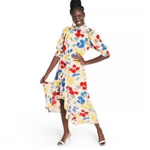 Rixo Target Abstract Floral Mock Neck Ruffle Midi Dress Size 8 Multicolored